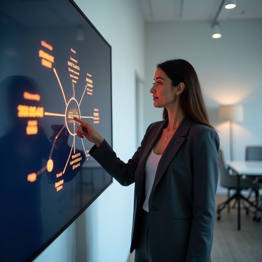 Marketing analyst standing beside a large touchscreen displaying a branching customer journey map